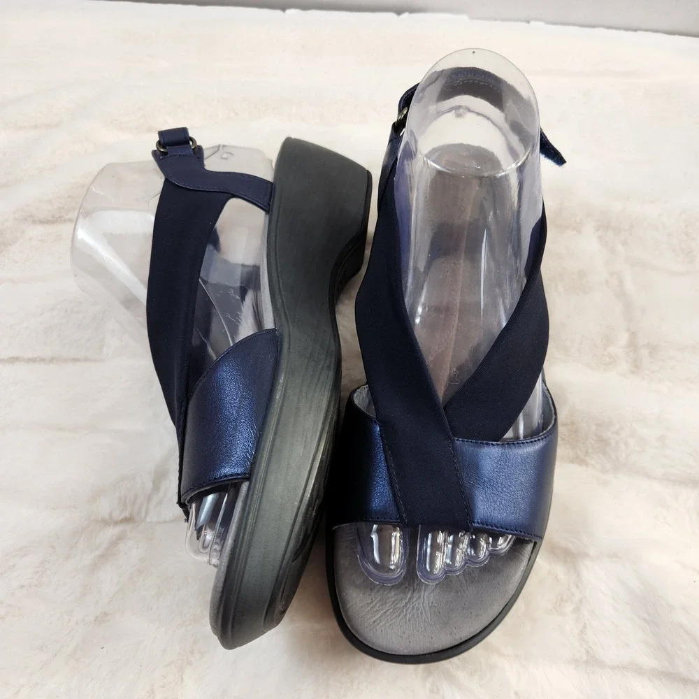 Naot Muscat Metallic Navy Leather Wedge Sandals Womens 39 Elastic‎ Straps 8-8.5